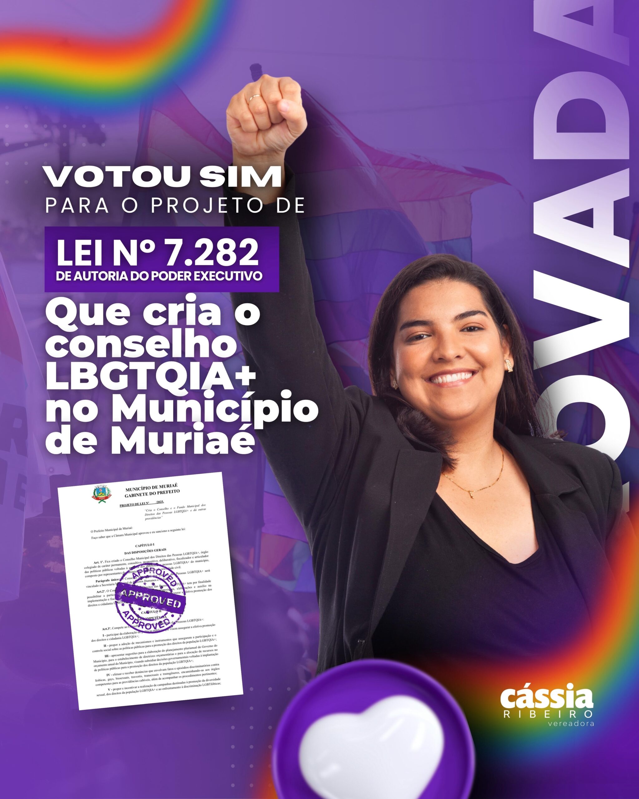 Cássia Ribeiro vota SIM à criação do Conselho Municipal LGBTQIA+ em Muriaé!